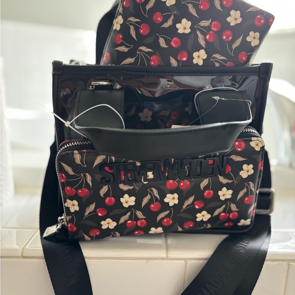 Steve Madden Black and Red Cherry Tote Bag